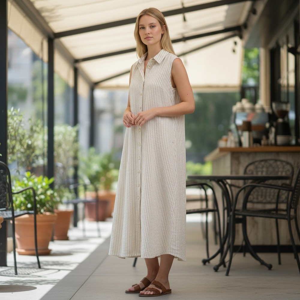 Magaschoni Women Linen Striped Sleeveless Maxi Shirtdress Neutral Whiteโ L NEW